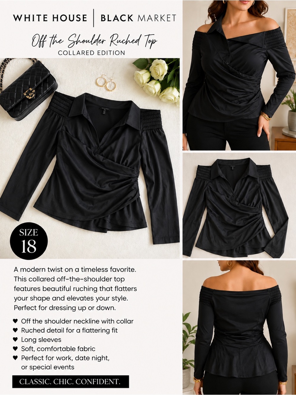 White House Black Market Black Collared Off-Shoulder Ruched Top